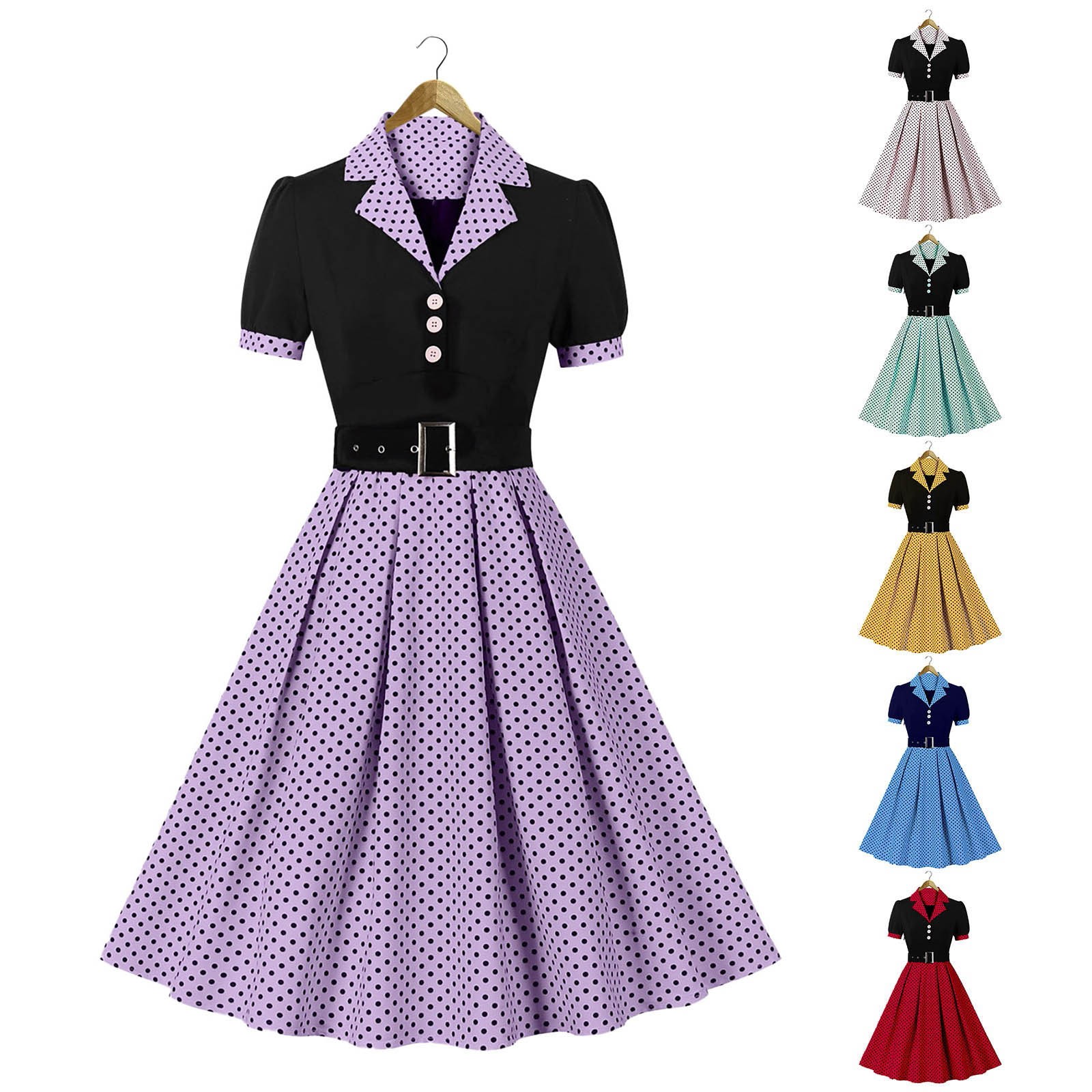 Women Vintage Cocktail Party Swing Costume 1950s Polka Dot Dress With Belt